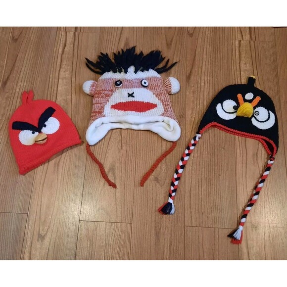 Bundle Lot Of 3 Novelty Funny Knit Beanie Hat 2 Angry Birds 1 Sock Monkey Unisex - Picture 1 of 2